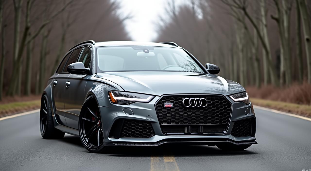 Der getunte Audi RS6 Avant mit Carbon-Frontlippe, tiefergelegtem Fahrwerk und mattschwarzen Felgen.