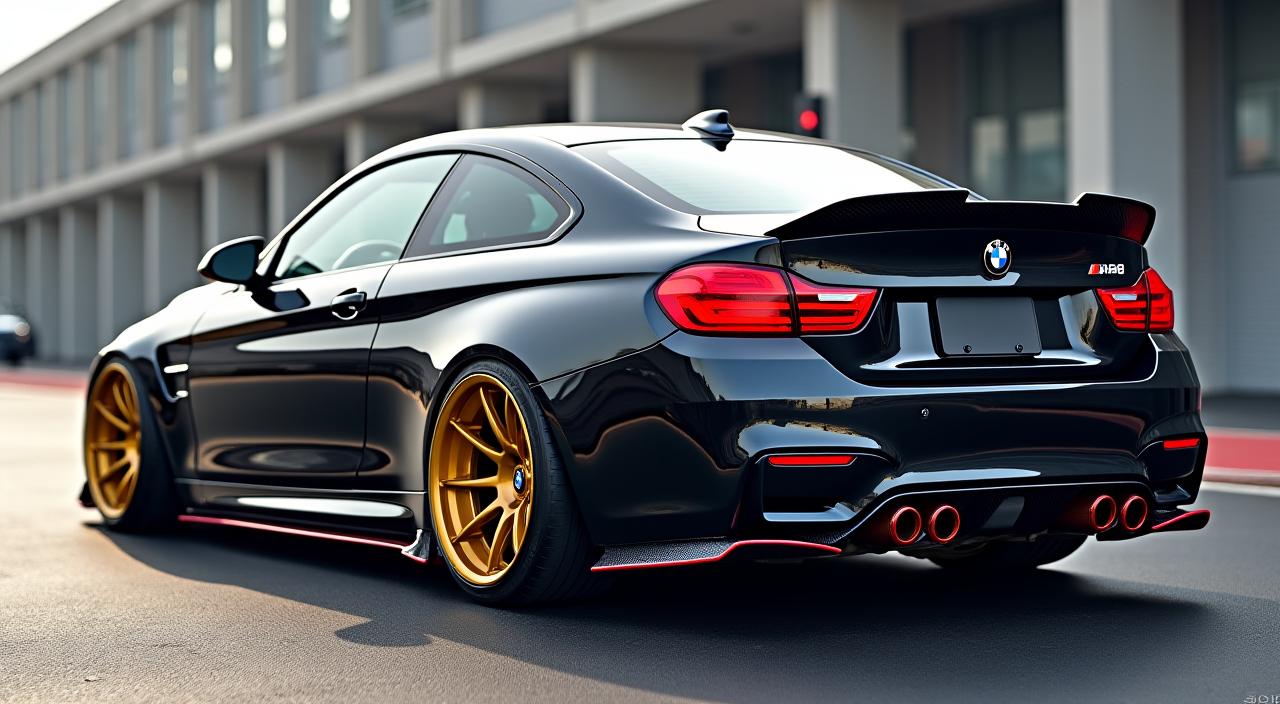 Der umfassend getunte BMW M4 mit goldenen Felgen, Carbon-Heckspoiler und einer Sportabgasanlage, aggressiverer Optik.